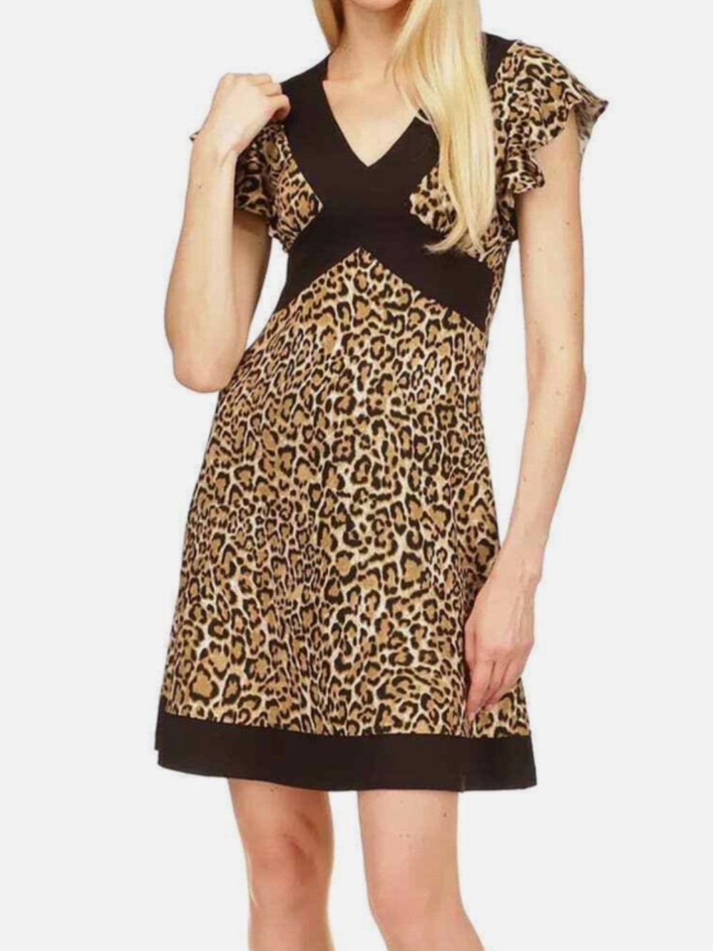 Michael Kors M Dress Mini Leopard Print Black Brown Flutter Sleeve Y2K Mobwife